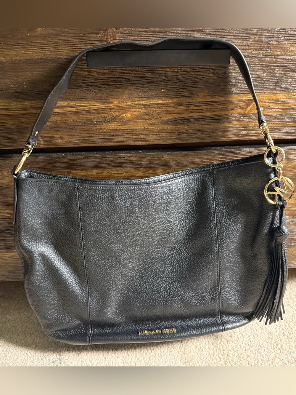 Michael Kors Black Pebbled Leather Shoulder Hobo with Tassel
